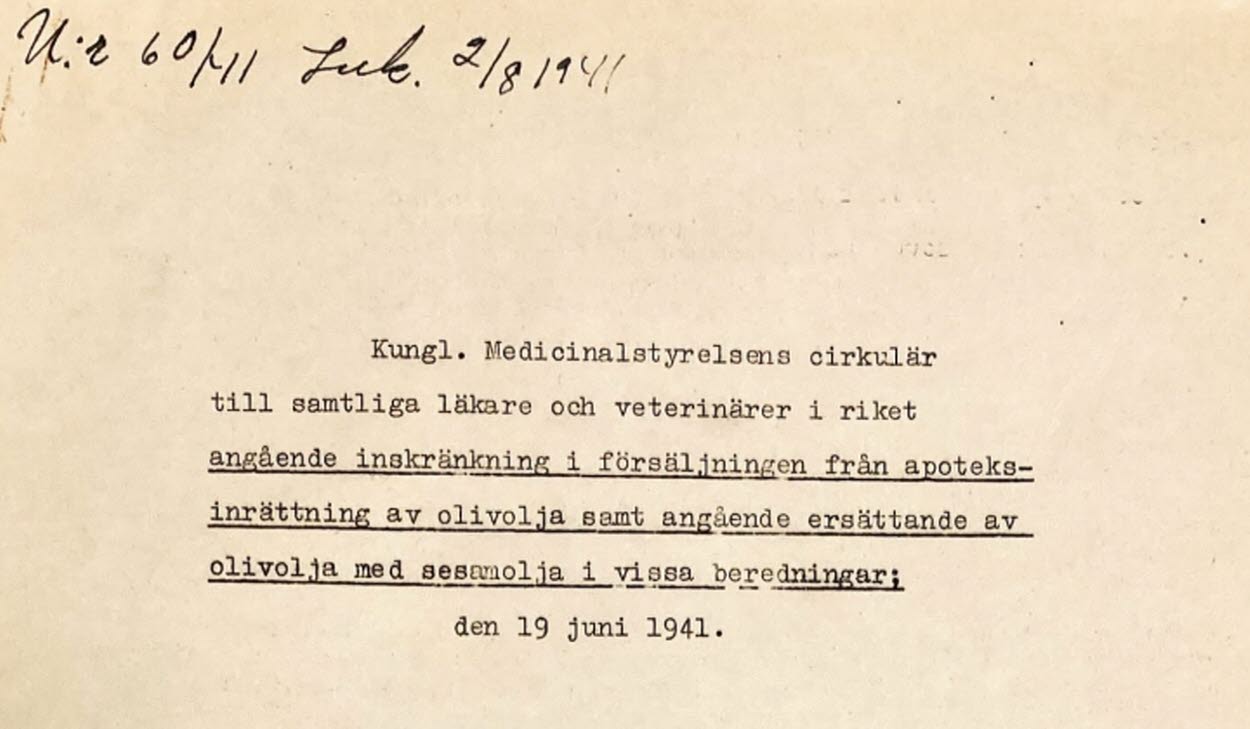 Cirkulär från Kungl. Medicinalstyrelsen 1941 som inkommit till provinsialläkare Synnergren i Alfta. Handlingen förvaras i Regionarkivet.