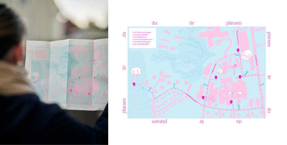 Halva bilden till vänster består av en person som tittar på en karta. Högra halvan visar karta som tillhör ljudverket Du är platsen, platsen är du av Hanna Wildow.