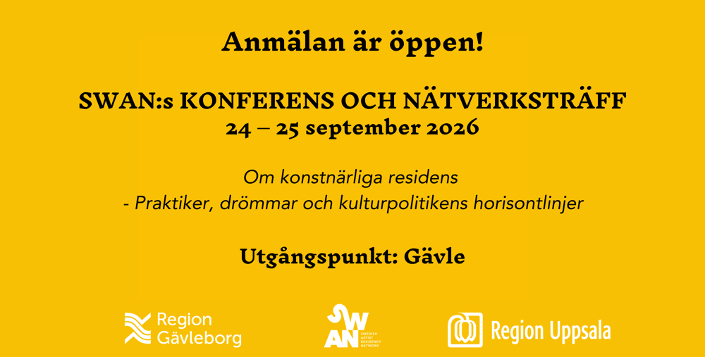 En gul affisch med en svartvit bild.