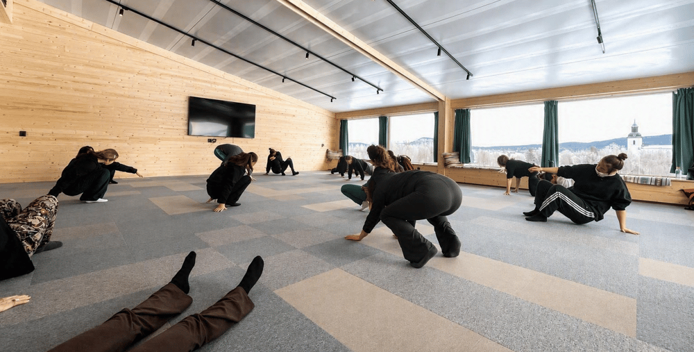 En grupp människor som gör yoga i ett stort rum.