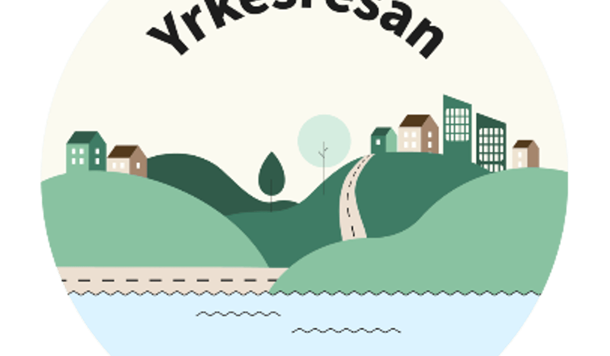 Yrkesresan – illustration med hus, landskap och vattendrag