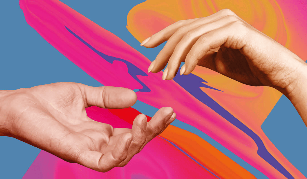 Två händer som rör vid varandra över en färgstark bakgrund.