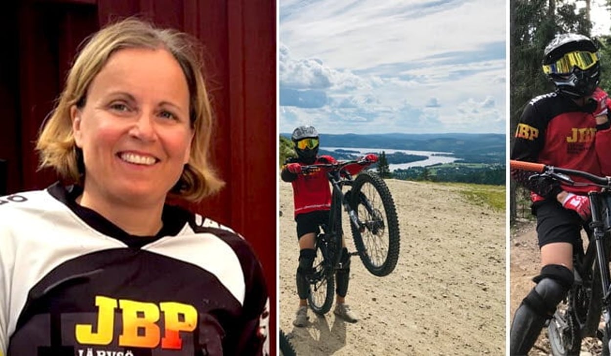 Ett collage med tre bilder: till vänster en kvinna som ler och bär en JBP-tröja, i mitten en cyklist som gör en wheelie på en grusväg med utsikt över landskapet, och till höger en cyklist i skogen med skyddsutrustning och en JBP-tröja.