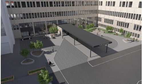 Visualisering av den nya huvudentrén på Hudiksvalls sjukhus, sedd utifrån. Den nya länkbyggnaden mot hus 23 är också synlig i bild. 