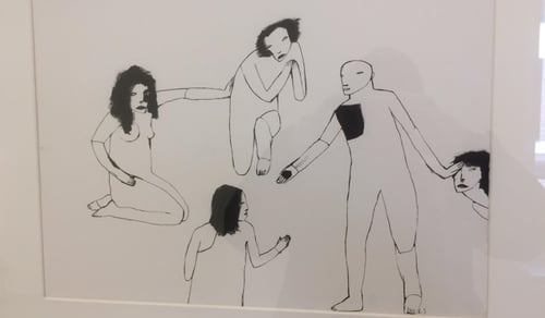 En svartvit teckning av människor som håller varandra i handen.