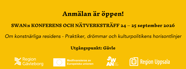 En gul affisch med en svartvit bild.