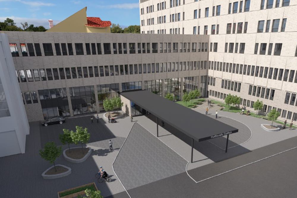 Visualisering av den nya huvudentrén på Hudiksvalls sjukhus, sedd utifrån. Den nya länkbyggnaden mot hus 23 är också synlig i bild.