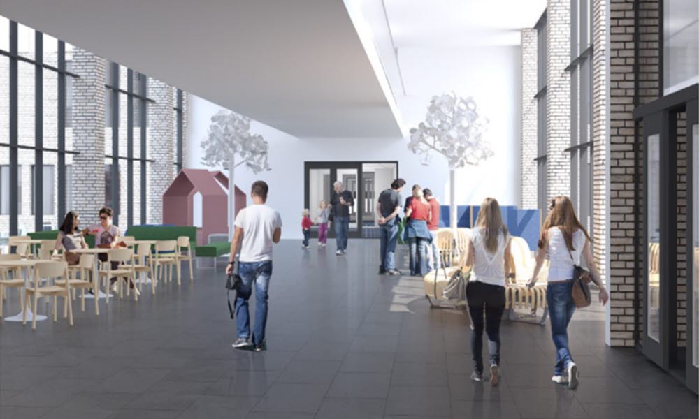 Visualisering av den nya entréhallen på Hudiksvalls sjukhus.